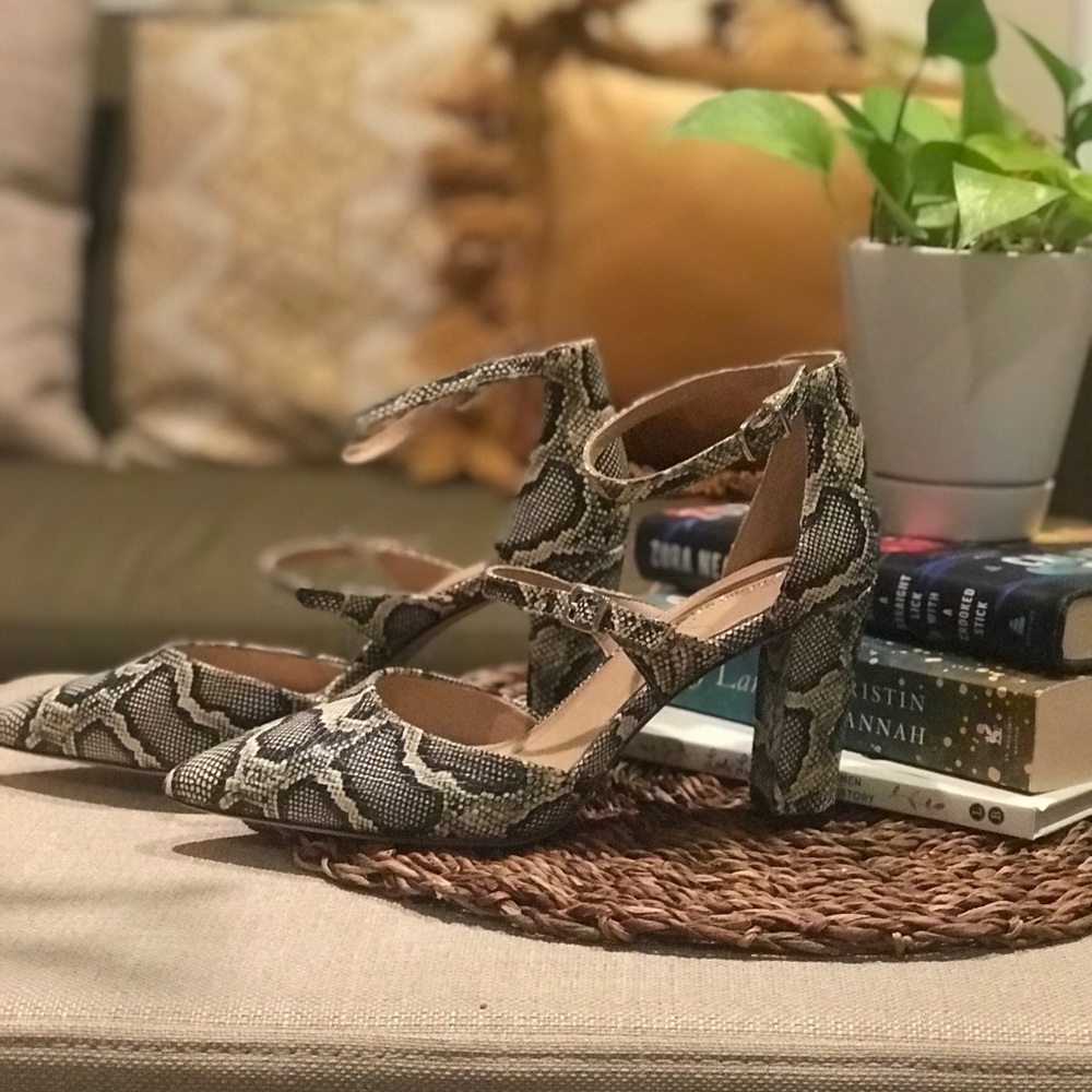 Antonio Melani Seriena Snake Print Double Strap Block Heel